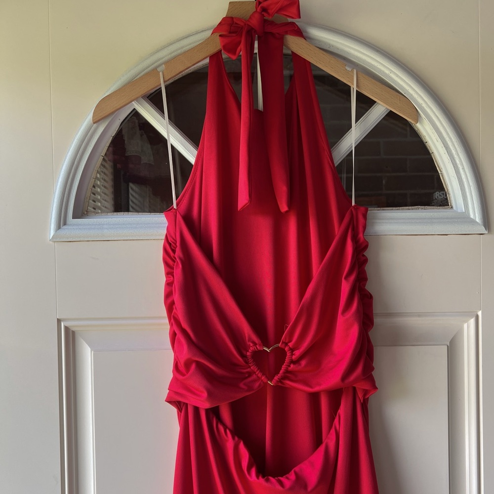 Red Date Night Dress w/ Gold Accent Heart Halter Back Detail
